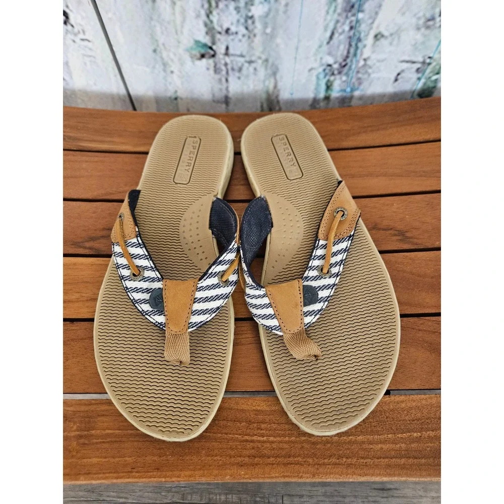 Sperry Seafish Flip Flop 7.5M Tan Blue Nautical Striped Leather Thong Sandals